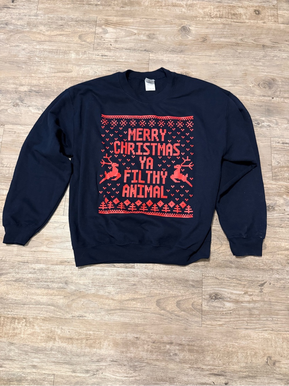 Gildan Navy Crewneck Sweatshirt with Red Holiday Graphic